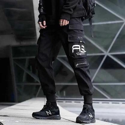 Men Cargo Joggers With Ribbons Pockets Harajuku Streetwear Sweatpants Hip Hop Trousers