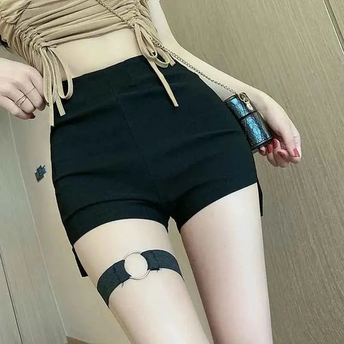 Gothic High Waist Shorts For Women 2022 Summer Slim Skinny Black Bottoms With Side Slit Punk Style KZ412