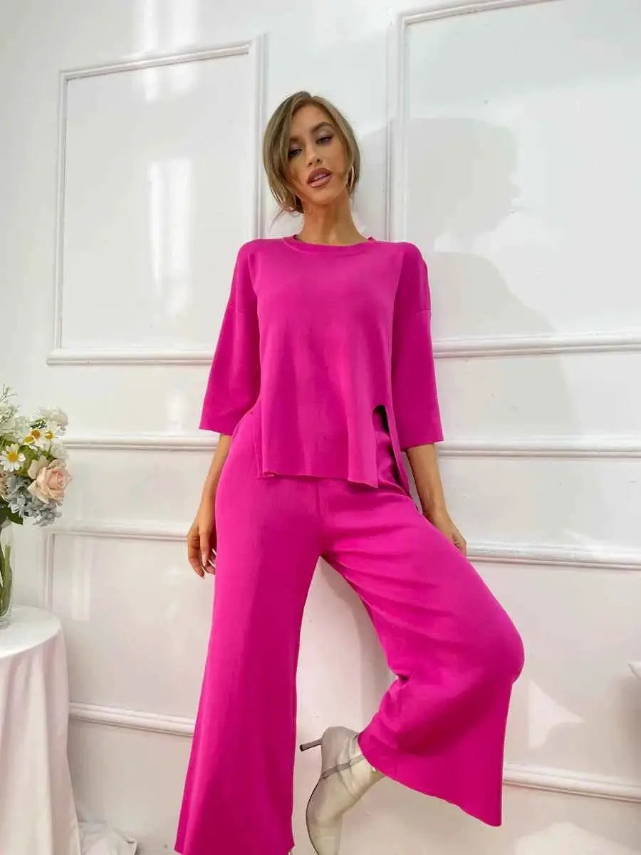 Summer Tracksuit Women Two Piece Set Side Slit Knitwear Casual Knitted Outfit 2024