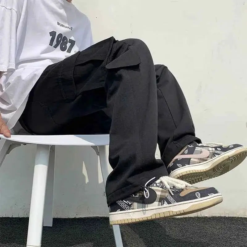 Men Black White Cargo Pants Loose Wide Leg Streetwear Hip Hop Casual Trousers Everyday Style