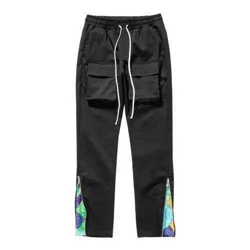 Streetwear Patchwork Cargo Pants Men Cashew Flower Print Y2K Hip Hop Slim Fit with Side Zip Pockets