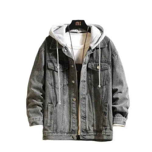 Mens Hooded Denim Jacket Casual Streetwear Solid Color Turn Down Collar Detachable Hood Jeans Coat