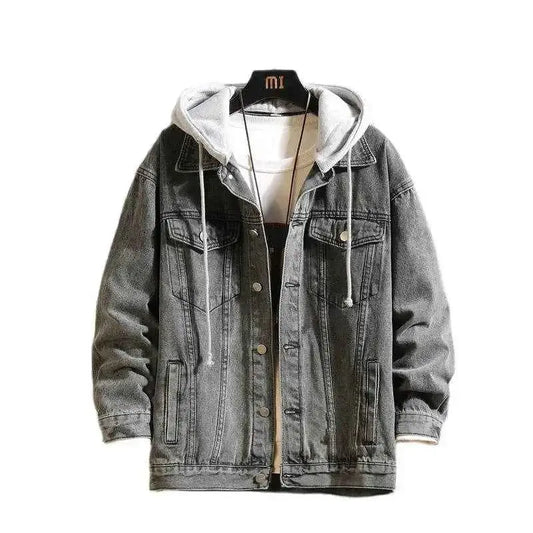 Mens Hooded Denim Jacket Casual Streetwear Solid Color Turn Down Collar Detachable Hood Jeans Coat