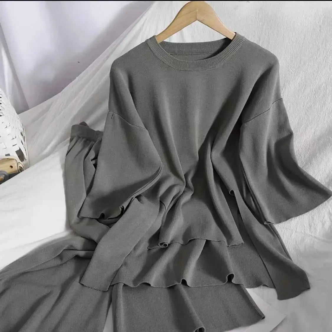 Summer Tracksuit Women Two Piece Set Side Slit Knitwear Casual Knitted Outfit 2024
