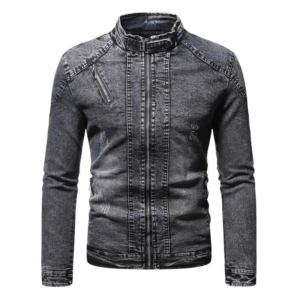 Fashion Spring Casual Velvet Denim Jacket For Men Stand Collar Slim Fit Streetwear Outerwear