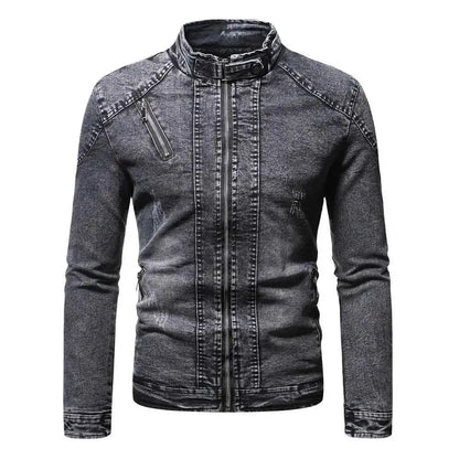 Fashion Spring Casual Velvet Denim Jacket For Men Stand Collar Slim Fit Streetwear Outerwear