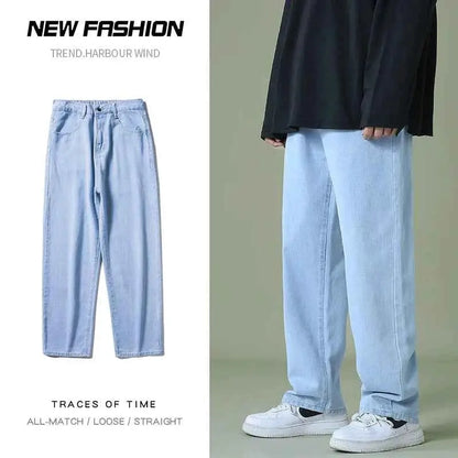 Streetwear Mens Blue Wide Leg Jeans Autumn Korean Style Fashion Straight Baggy Denim Pants For Teens