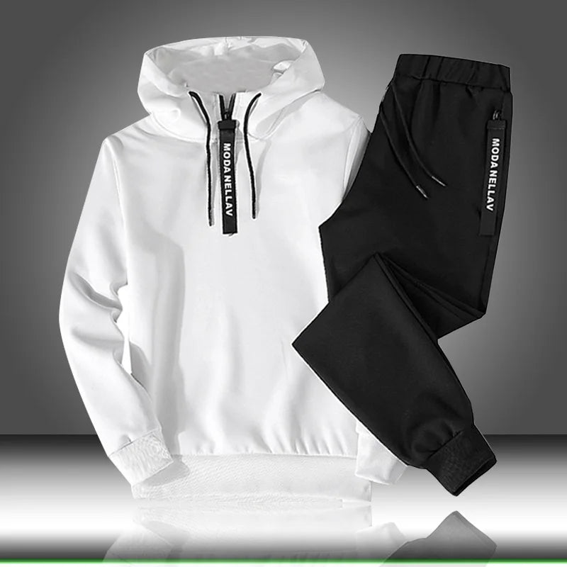 Men's white hooded tracksuit set front view, Y2K streetwear style autumn winter sweatshirt – TeenStylo