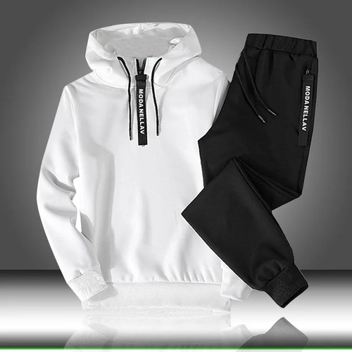 Men's white hooded tracksuit set front view, Y2K streetwear style autumn winter sweatshirt – TeenStylo