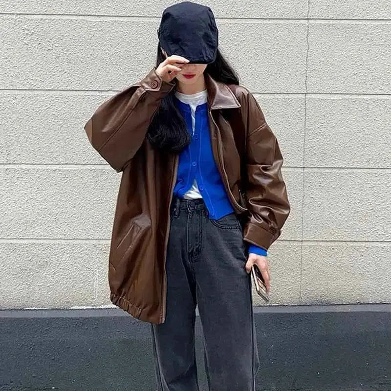 Korean Black Leather Jacket Women Winter Long Moto Biker Zipper Streetwear Harajuku Y2K Loose Coat 2023