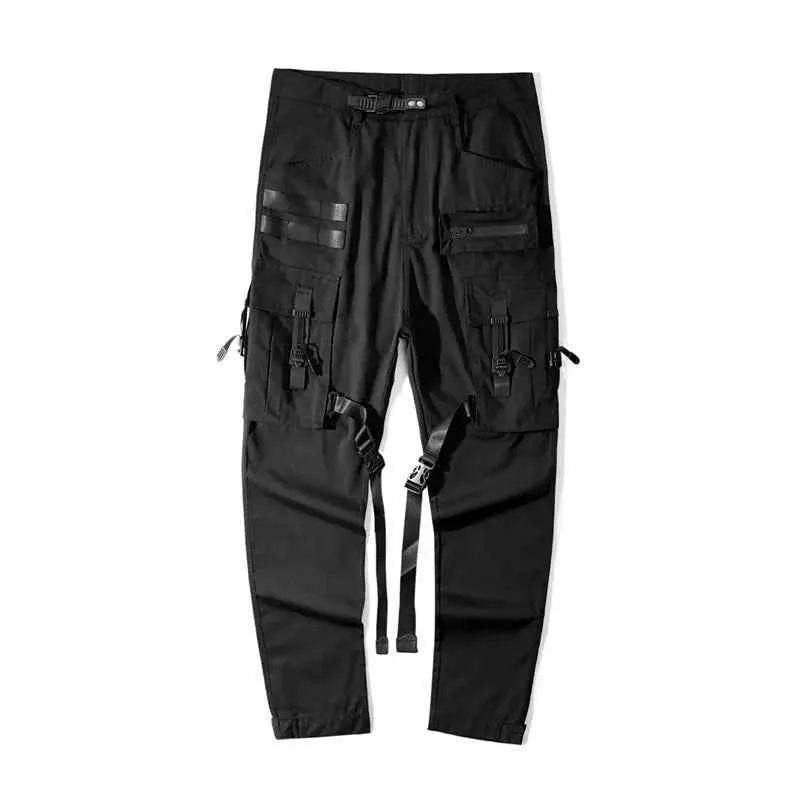 Tactical Functional Cargo Pants For Men With Ribbon Design Black Multi Pocket Techwear Joggers Streetwear Trousers WB351
