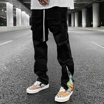 Streetwear Patchwork Cargo Pants Men Cashew Flower Print Y2K Hip Hop Slim Fit with Side Zip Pockets
