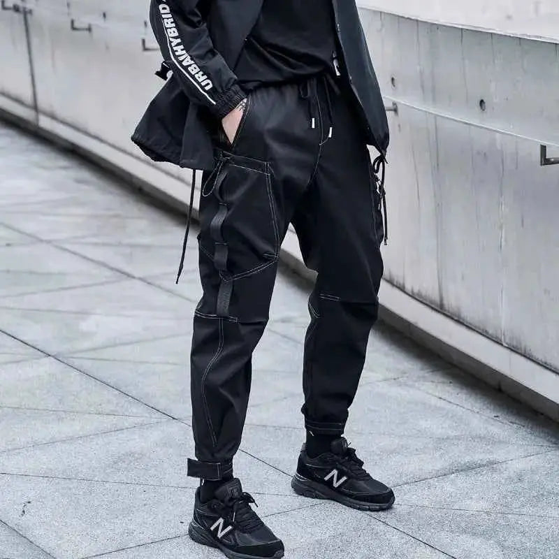 Men Cargo Joggers With Ribbons Pockets Harajuku Streetwear Sweatpants Hip Hop Trousers