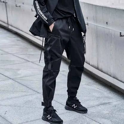 Men Cargo Joggers With Ribbons Pockets Harajuku Streetwear Sweatpants Hip Hop Trousers