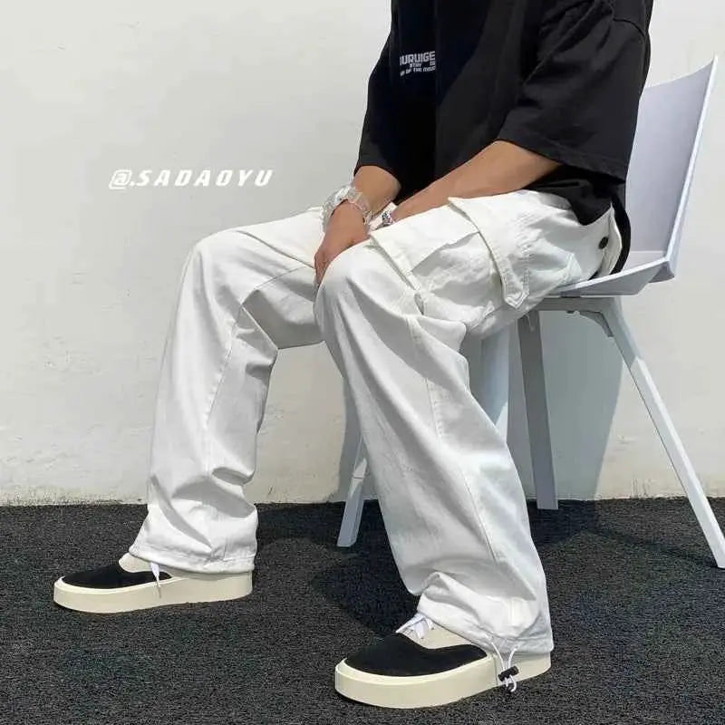 Men Black White Cargo Pants Loose Wide Leg Streetwear Hip Hop Casual Trousers Everyday Style