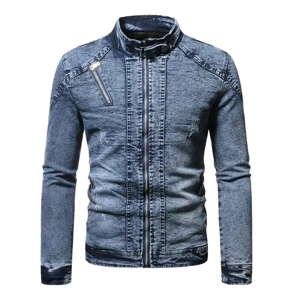 Fashion Spring Casual Velvet Denim Jacket For Men Stand Collar Slim Fit Streetwear Outerwear