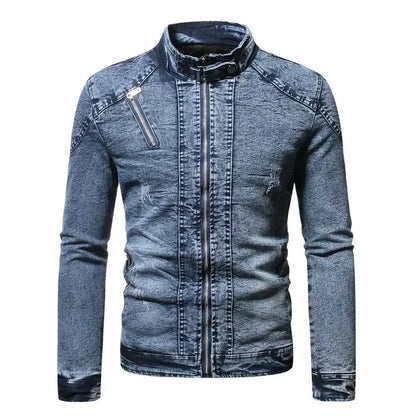 Fashion Spring Casual Velvet Denim Jacket For Men Stand Collar Slim Fit Streetwear Outerwear