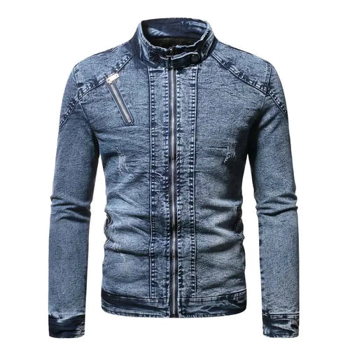 Fashion Spring Casual Velvet Denim Jacket For Men Stand Collar Slim Fit Streetwear Outerwear