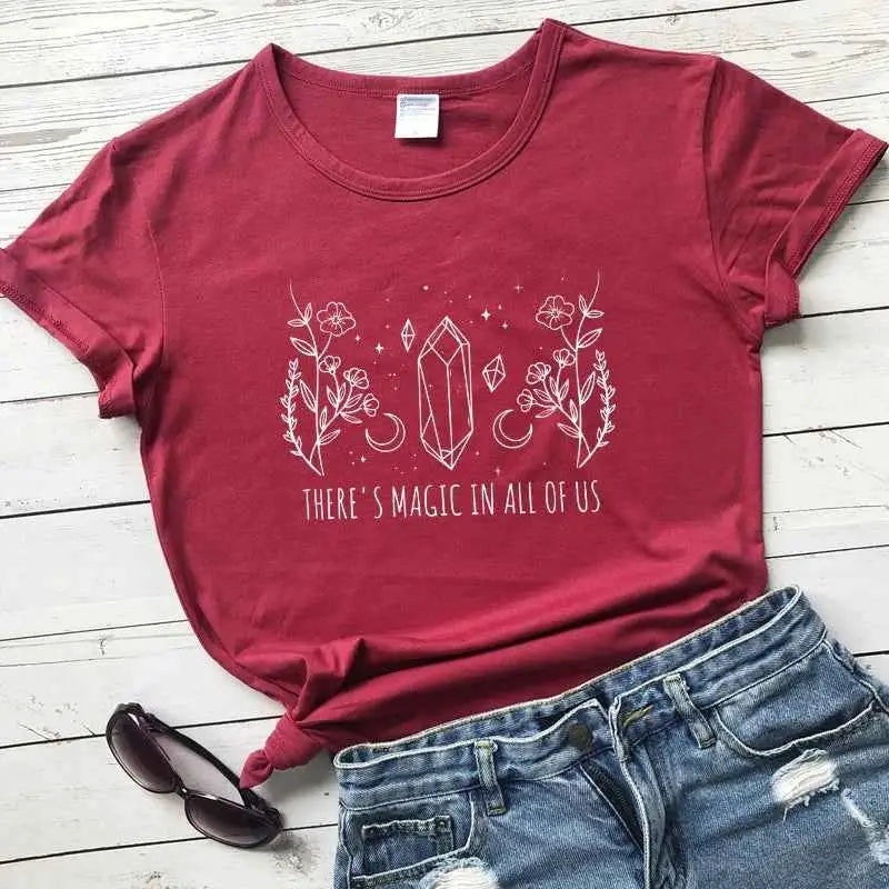 There Is Magic In All Of Us T Shirt Aesthetic Crystal Moon Wiccan Graphic Tee For Women Vintage Short Sleeve Witch Top