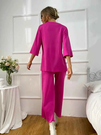 Summer Tracksuit Women Two Piece Set Side Slit Knitwear Casual Knitted Outfit 2024