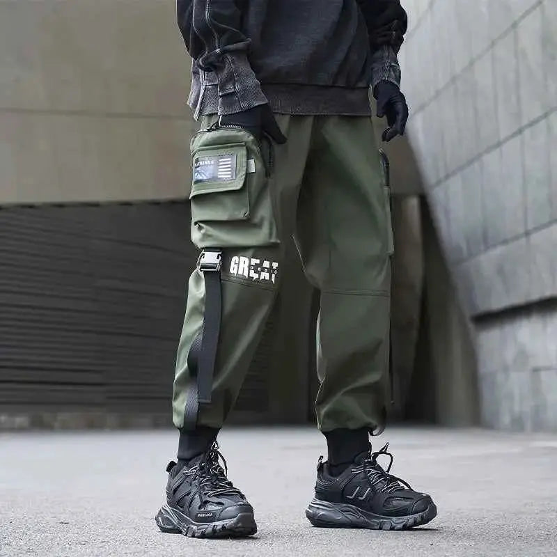 Men Cargo Joggers With Ribbons Pockets Harajuku Streetwear Sweatpants Hip Hop Trousers
