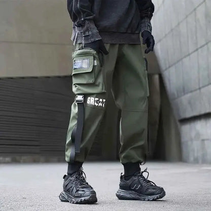Men Cargo Joggers With Ribbons Pockets Harajuku Streetwear Sweatpants Hip Hop Trousers