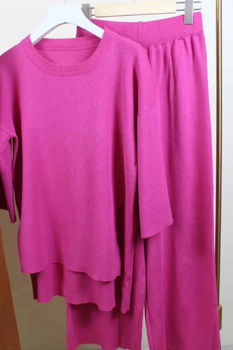 Summer Tracksuit Women Two Piece Set Side Slit Knitwear Casual Knitted Outfit 2024