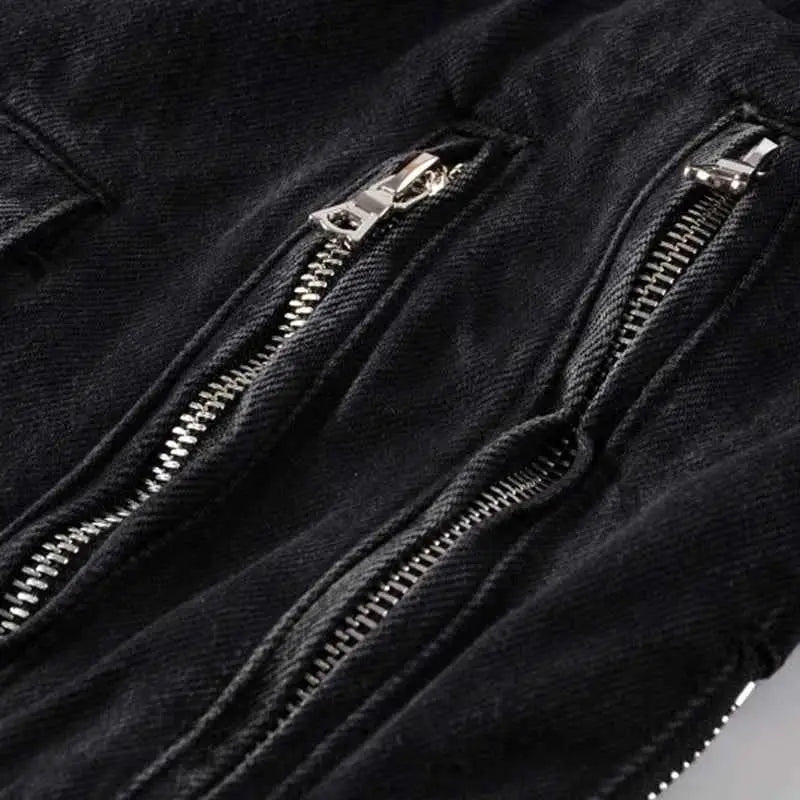 Sokotoo Mens Black Zippers Biker Jean Jacket Streetwear Thick Denim Slim Coat With Belt High Quality