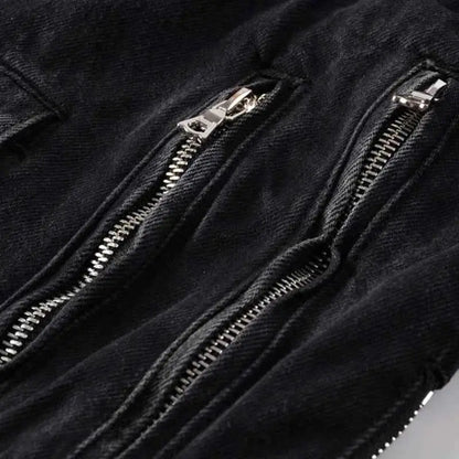 Sokotoo Mens Black Zippers Biker Jean Jacket Streetwear Thick Denim Slim Coat With Belt High Quality