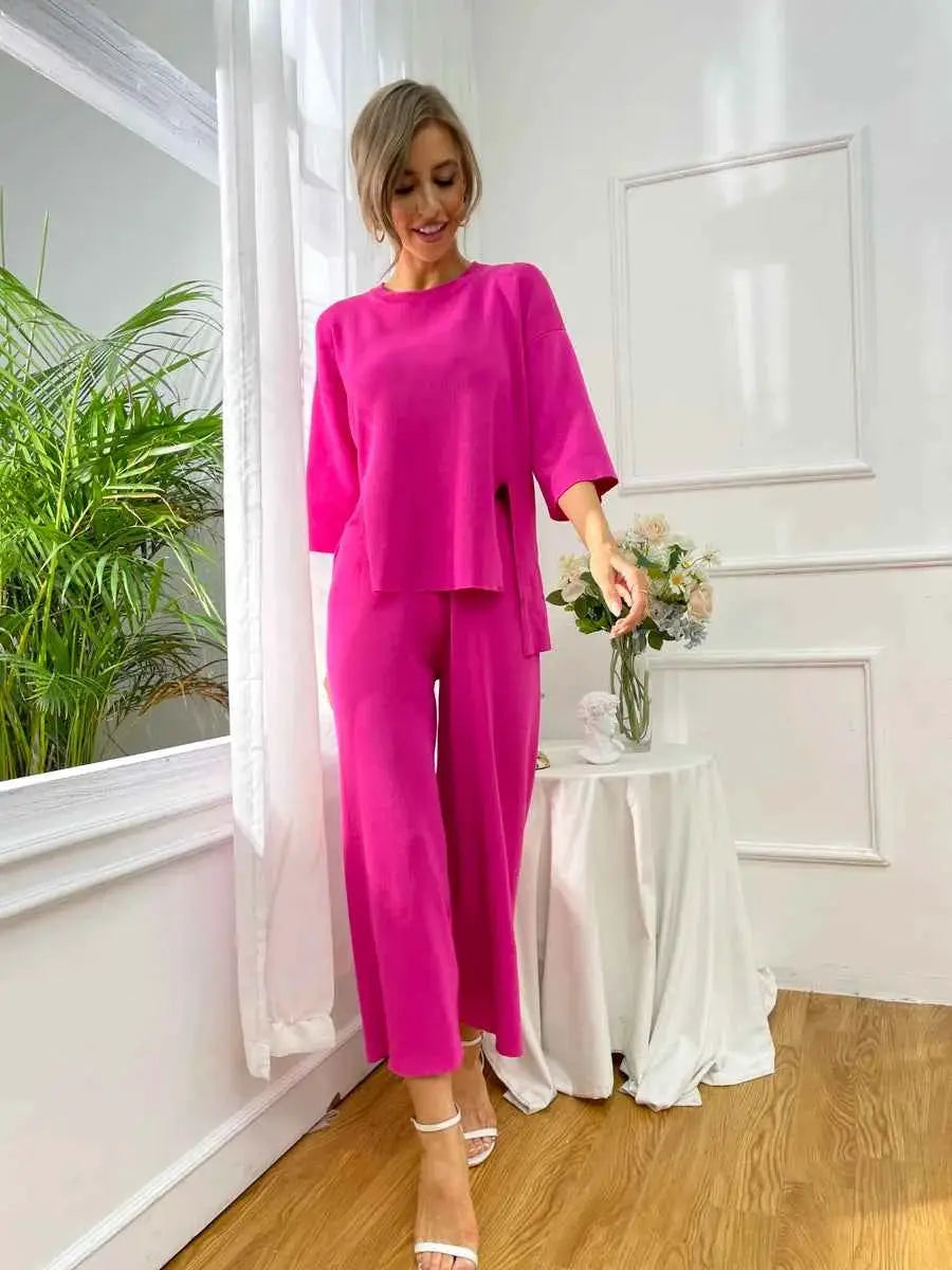 Summer Tracksuit Women Two Piece Set Side Slit Knitwear Casual Knitted Outfit 2024