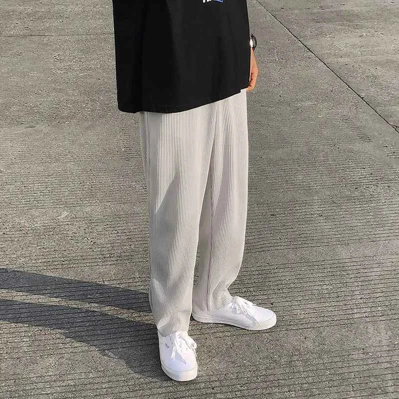 Pleated Men Asian Size Summer Casual Wide Leg Ice Silk Pants Loose Japanese Streetwear Trousers
