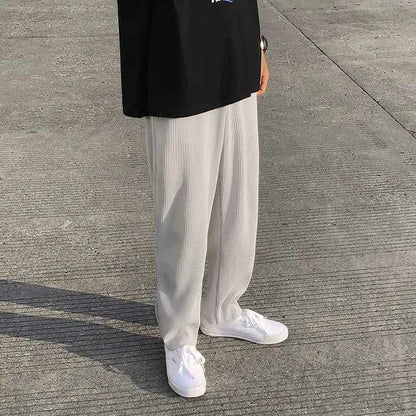 Pleated Men Asian Size Summer Casual Wide Leg Ice Silk Pants Loose Japanese Streetwear Trousers