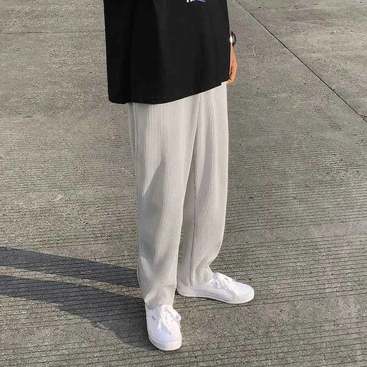Pleated Men Asian Size Summer Casual Wide Leg Ice Silk Pants Loose Japanese Streetwear Trousers