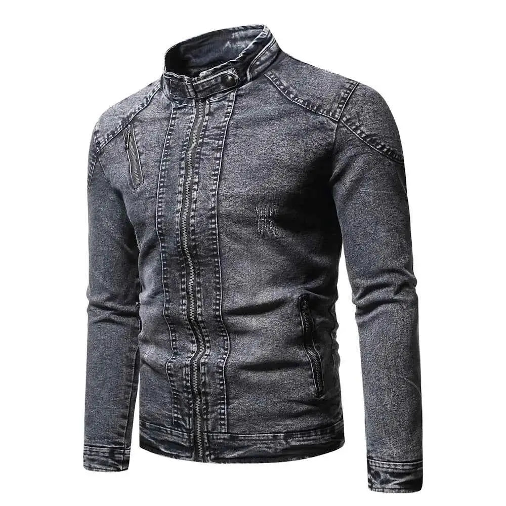 Fashion Spring Casual Velvet Denim Jacket For Men Stand Collar Slim Fit Streetwear Outerwear