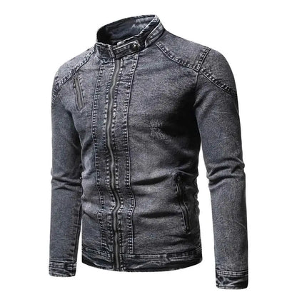 Fashion Spring Casual Velvet Denim Jacket For Men Stand Collar Slim Fit Streetwear Outerwear