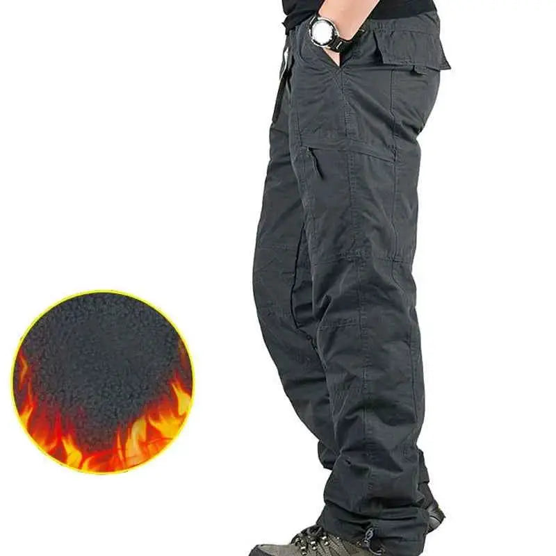 Men's Winter Cargo Pants Thick Fleece Lined Cotton Multi Pocket Trousers For Outdoor Sports MY327