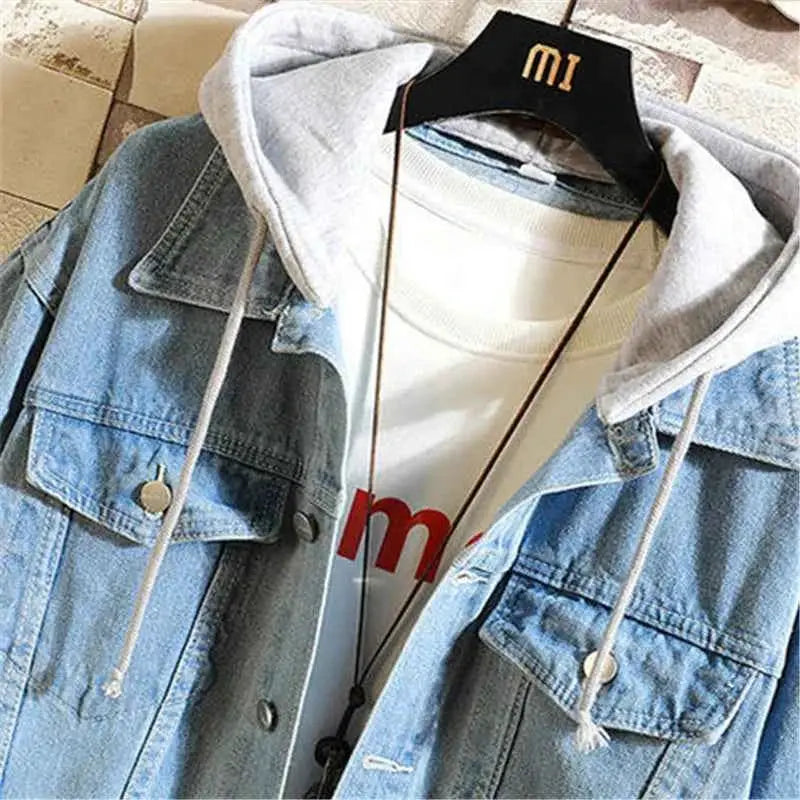 Mens Hooded Denim Jacket Casual Streetwear Solid Color Turn Down Collar Detachable Hood Jeans Coat