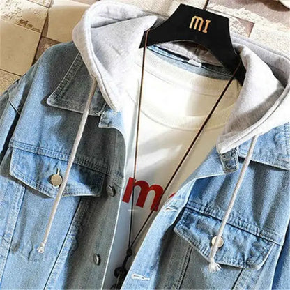 Mens Hooded Denim Jacket Casual Streetwear Solid Color Turn Down Collar Detachable Hood Jeans Coat