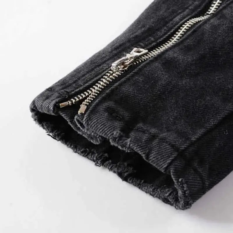 Sokotoo Mens Black Zippers Biker Jean Jacket Streetwear Thick Denim Slim Coat With Belt High Quality