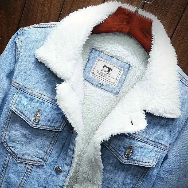 Winter Jean Jacket For Men Warm Denim Coat With Thick Fleece Liner Cowboy Style Black Blue Plus Size 6XL