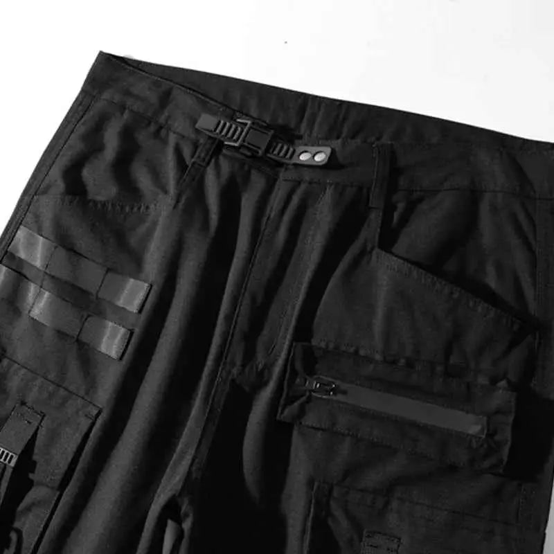 Tactical Functional Cargo Pants For Men With Ribbon Design Black Multi Pocket Techwear Joggers Streetwear Trousers WB351