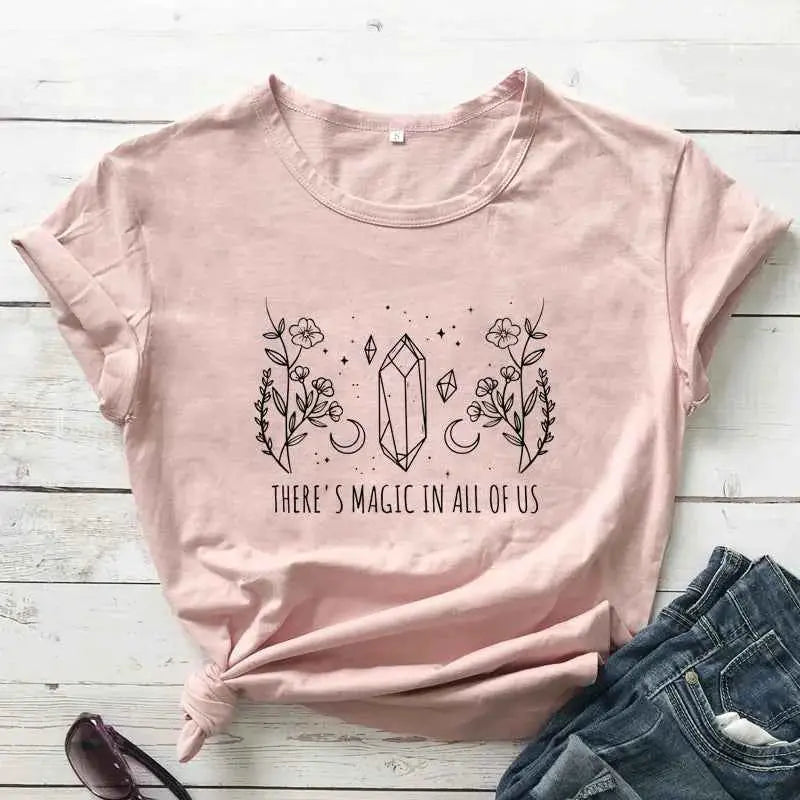 There Is Magic In All Of Us T Shirt Aesthetic Crystal Moon Wiccan Graphic Tee For Women Vintage Short Sleeve Witch Top