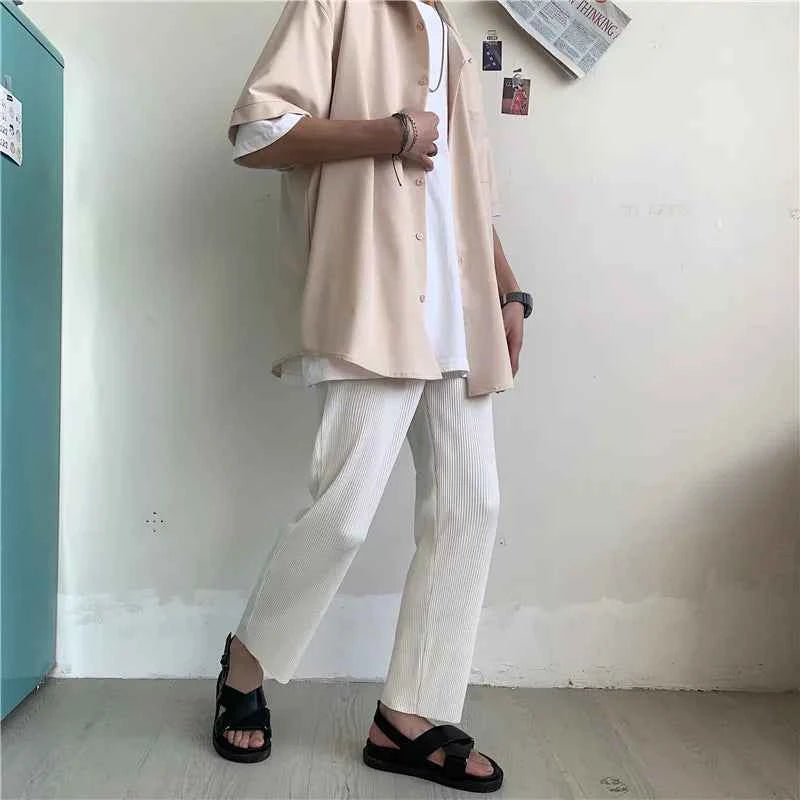 Pleated Men Asian Size Summer Casual Wide Leg Ice Silk Pants Loose Japanese Streetwear Trousers