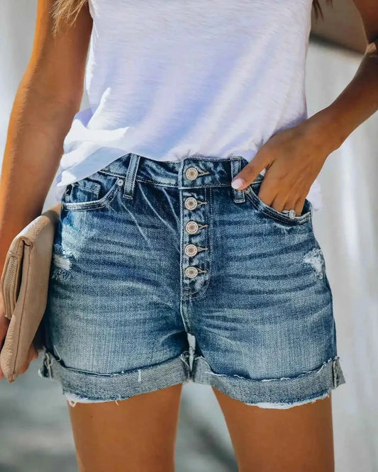 Hot Sale Women's Summer Denim Shorts High Waist Rolled Hem Ripped Casual Fashion XS XL