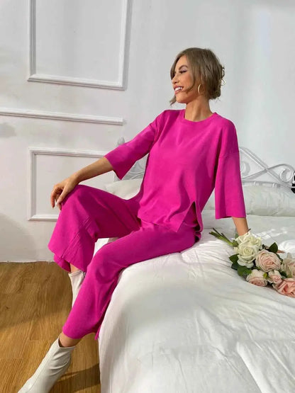 Summer Tracksuit Women Two Piece Set Side Slit Knitwear Casual Knitted Outfit 2024