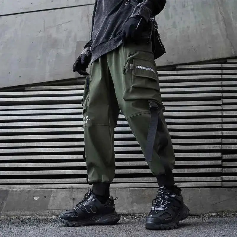 Men Cargo Joggers With Ribbons Pockets Harajuku Streetwear Sweatpants Hip Hop Trousers