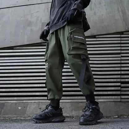 Men Cargo Joggers With Ribbons Pockets Harajuku Streetwear Sweatpants Hip Hop Trousers