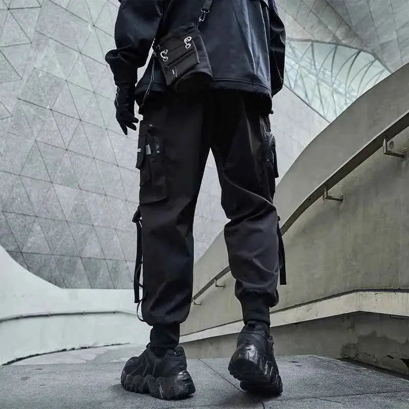 Men Cargo Joggers With Ribbons Pockets Harajuku Streetwear Sweatpants Hip Hop Trousers