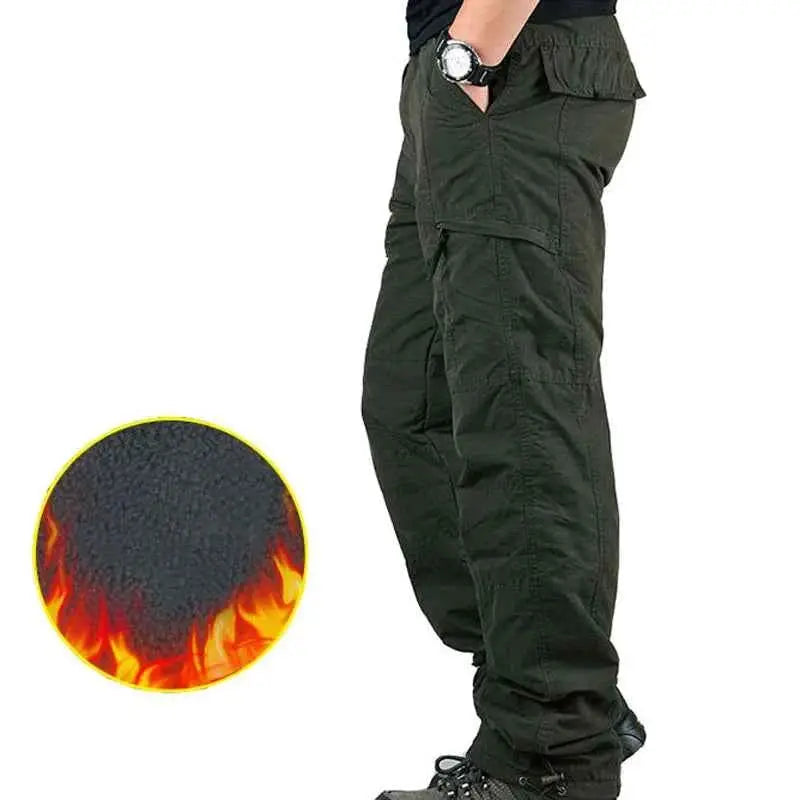 Men's Winter Cargo Pants Thick Fleece Lined Cotton Multi Pocket Trousers For Outdoor Sports MY327