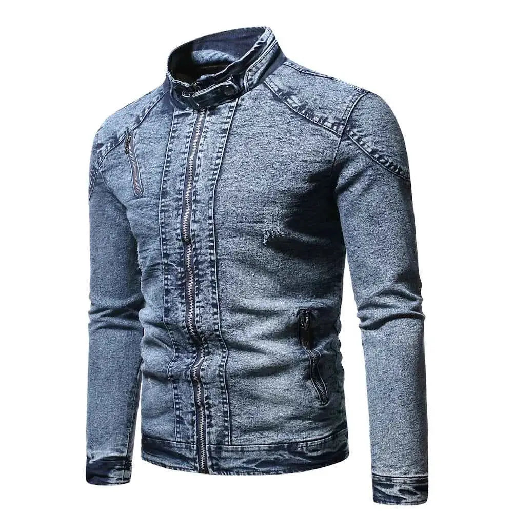Fashion Spring Casual Velvet Denim Jacket For Men Stand Collar Slim Fit Streetwear Outerwear